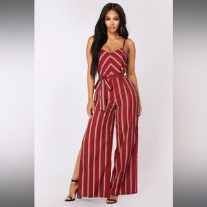 Fashion Nova Burgundy and White Striped Jumpsuit